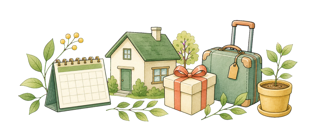 家や旅行、贈り物を表すイラスト