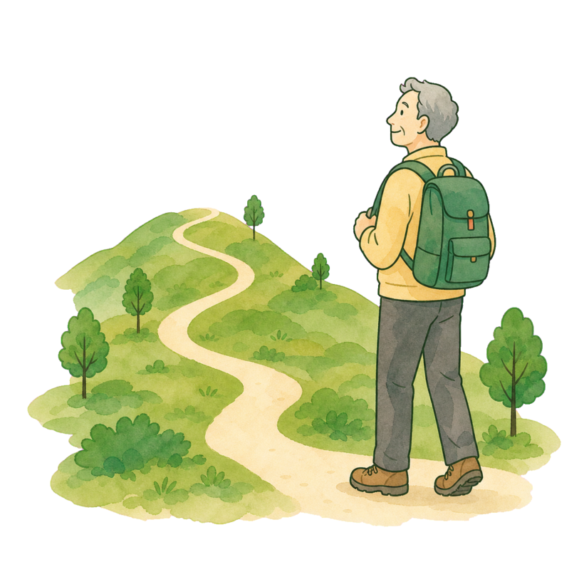 山道の先を見つめるシニアのイラスト