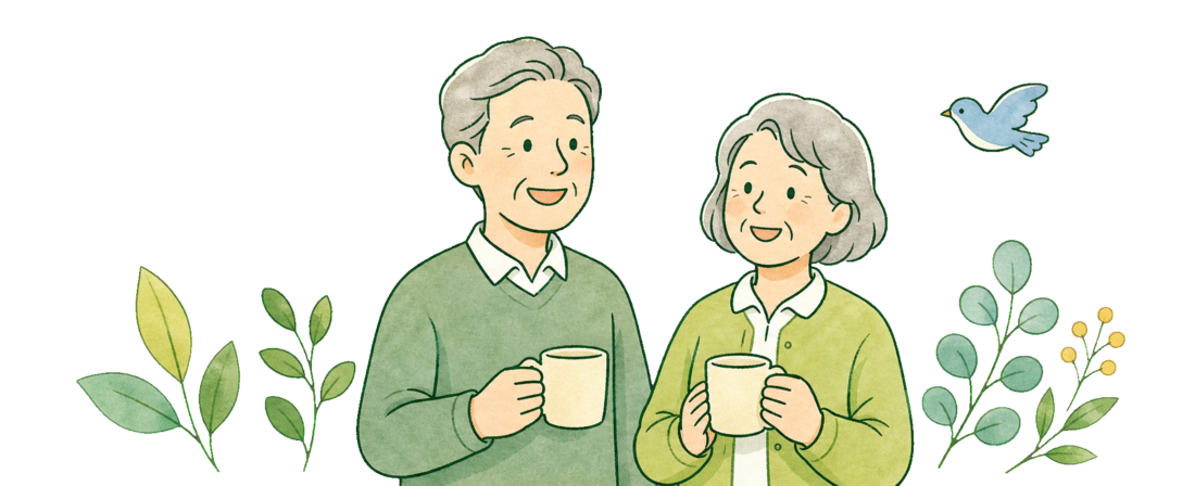 穏やかに将来を話すシニア夫婦のイラスト